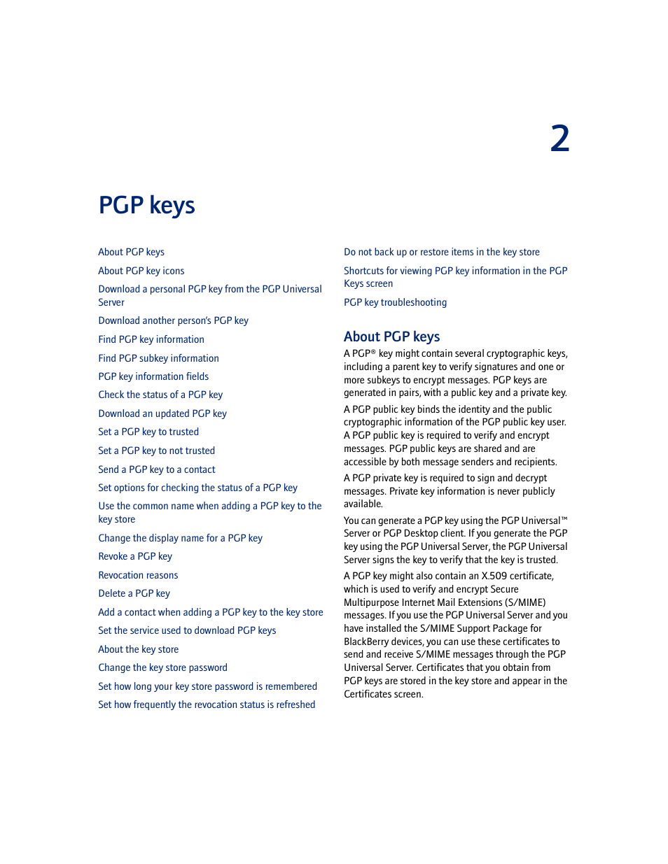 Pgp keys, About pgp keys, 2 pgp keys | Blackberry PGP User Manual | Page 9 / 30