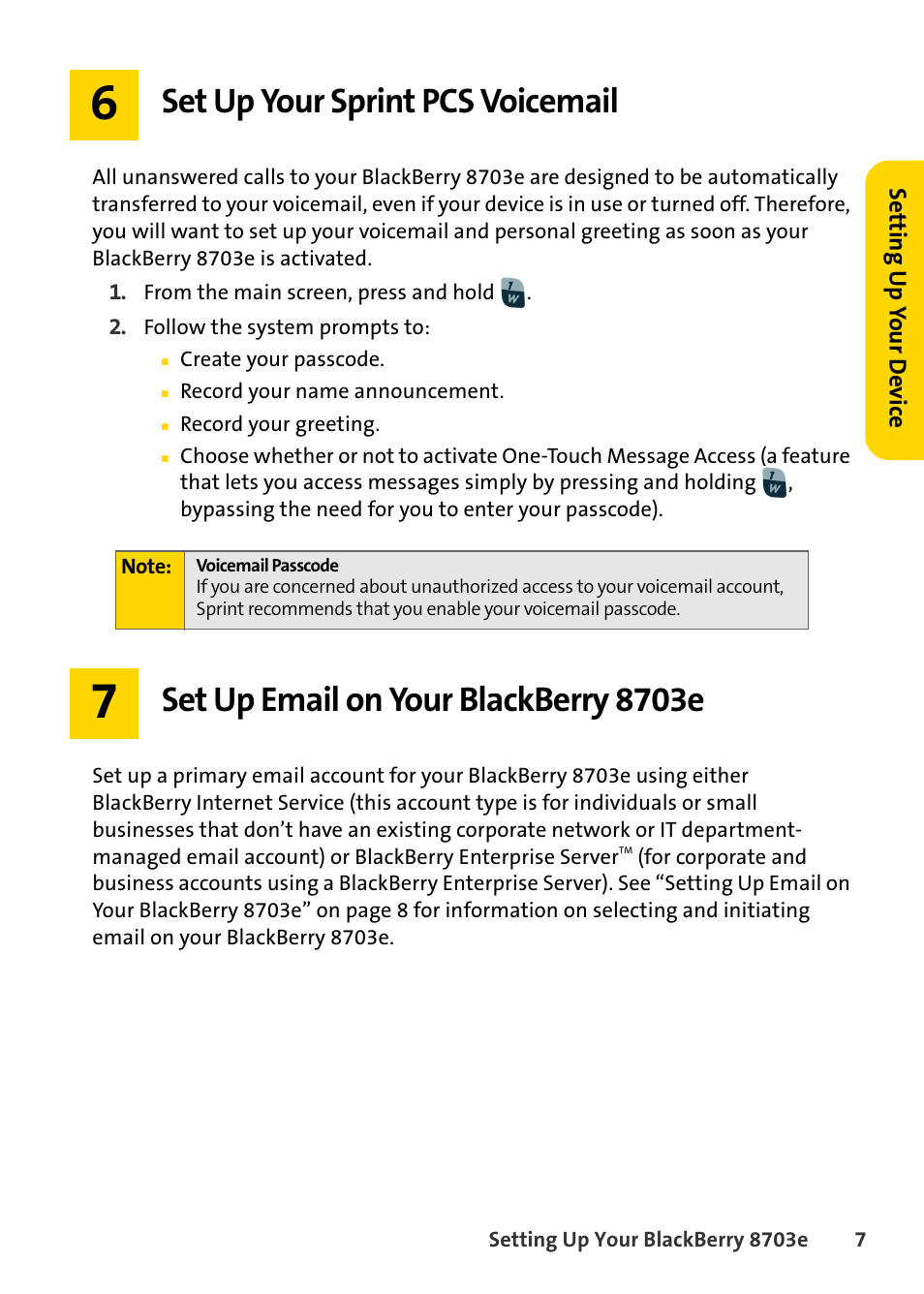 Set up your sprint pcs voicemail, Set up email on your blackberry 8703e | Blackberry 8703e User Manual | Page 13 / 56
