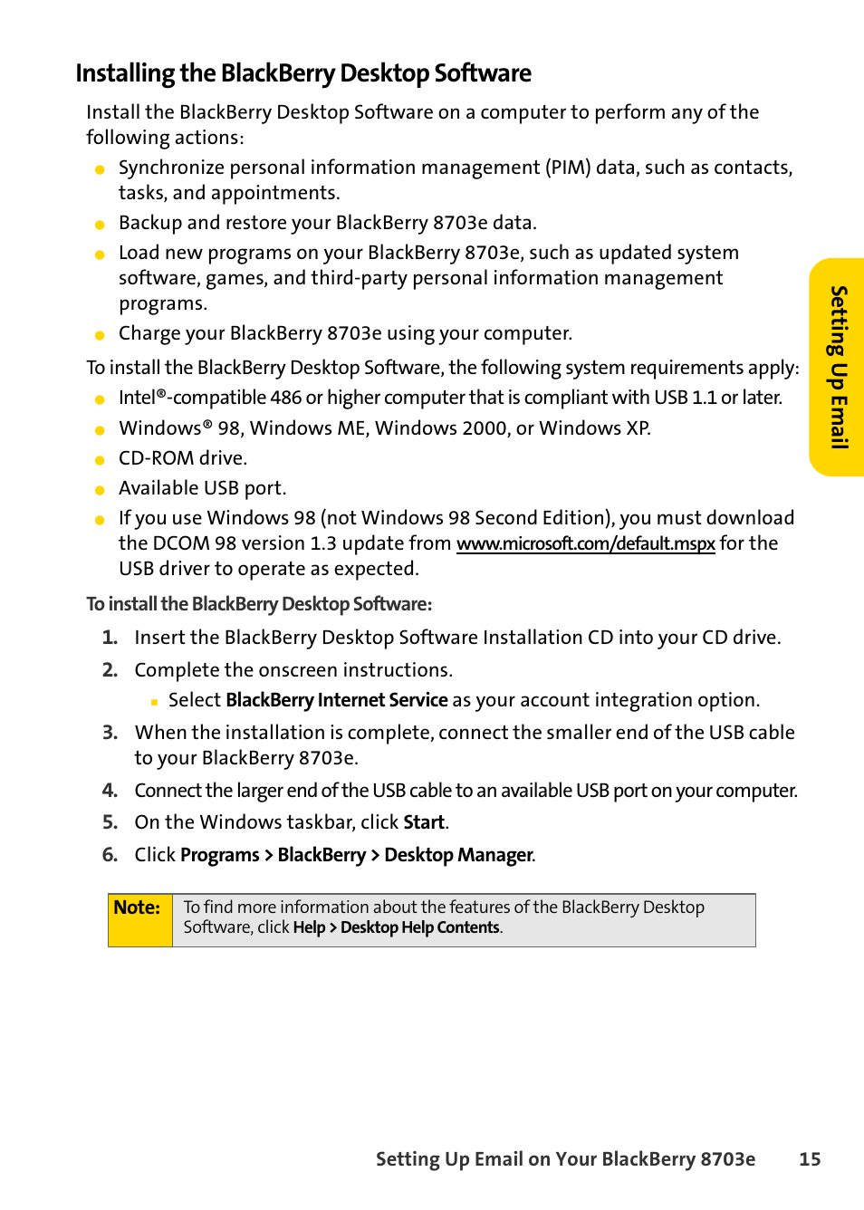 Installing the blackberry desktop software, Setting u p email | Blackberry 8703e User Manual | Page 21 / 56