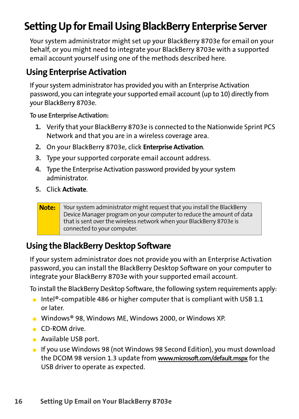 Using enterprise activation, Using the blackberry desktop software | Blackberry 8703e User Manual | Page 22 / 56