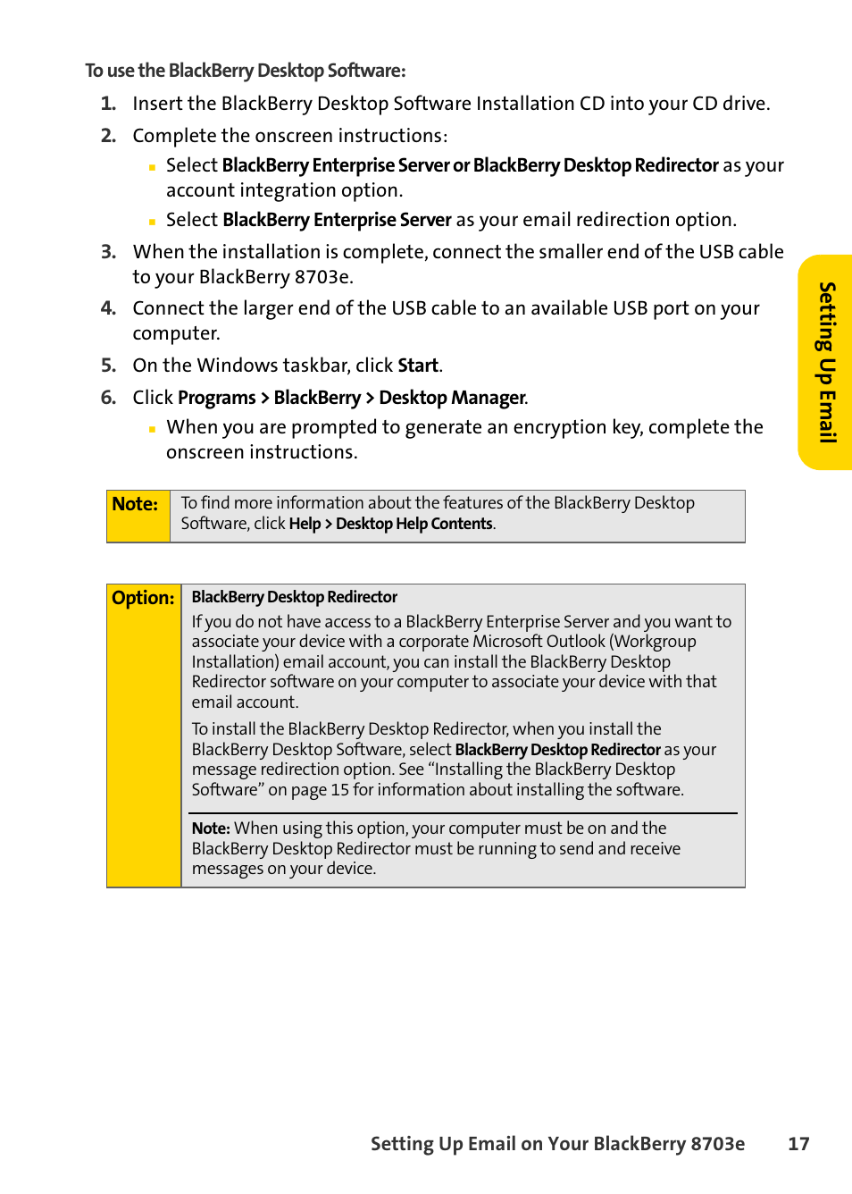 Setting u p email | Blackberry 8703e User Manual | Page 23 / 56