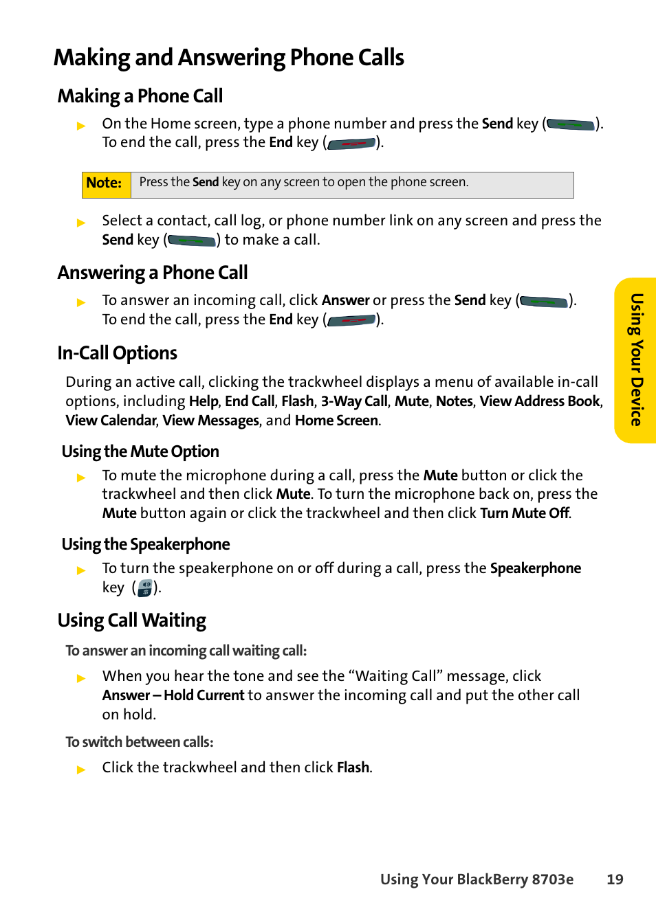 Making and answering phone calls, Making a phone call, Answering a phone call | In-call options, Using call waiting | Blackberry 8703e User Manual | Page 25 / 56