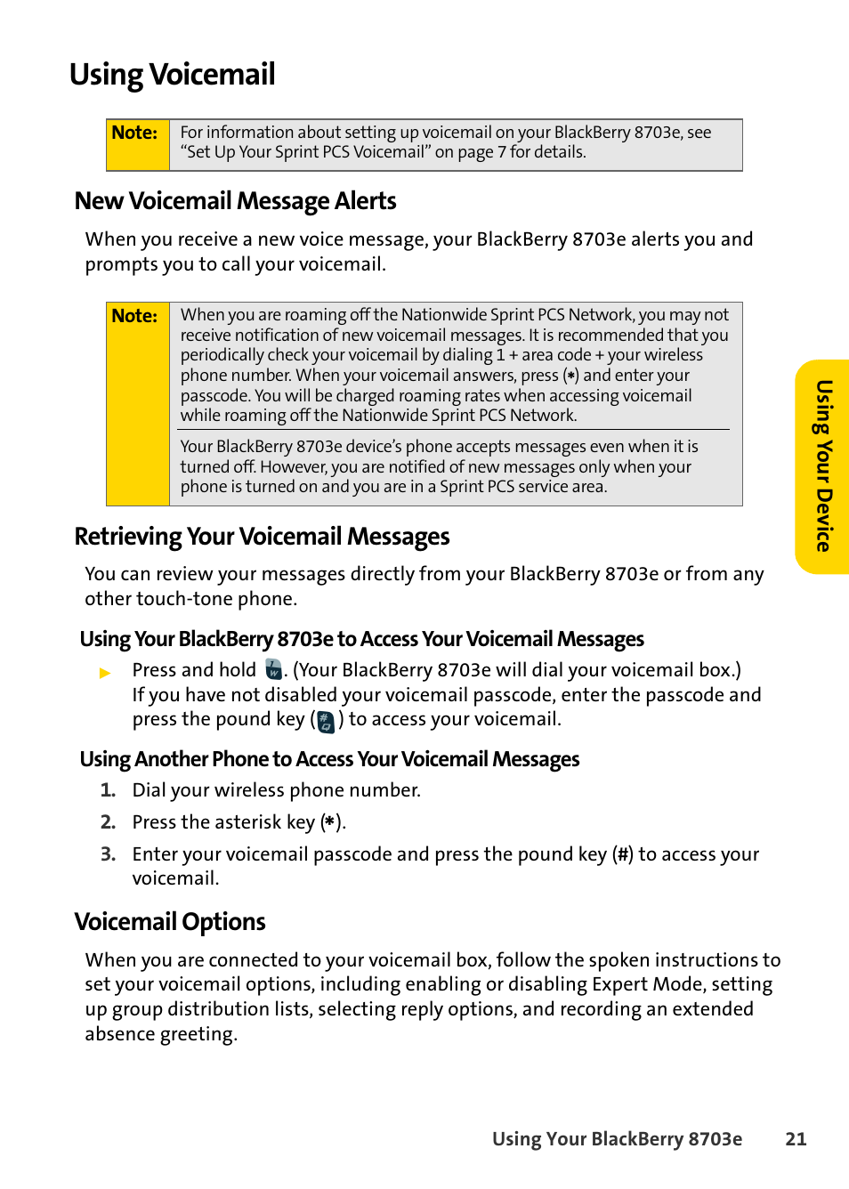 Using voicemail, New voicemail message alerts, Retrieving your voicemail messages | Voicemail options | Blackberry 8703e User Manual | Page 27 / 56