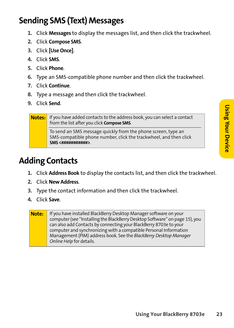 Sending sms (text) messages, Adding contacts, Sending sms (text) messages adding contacts | Blackberry 8703e User Manual | Page 29 / 56