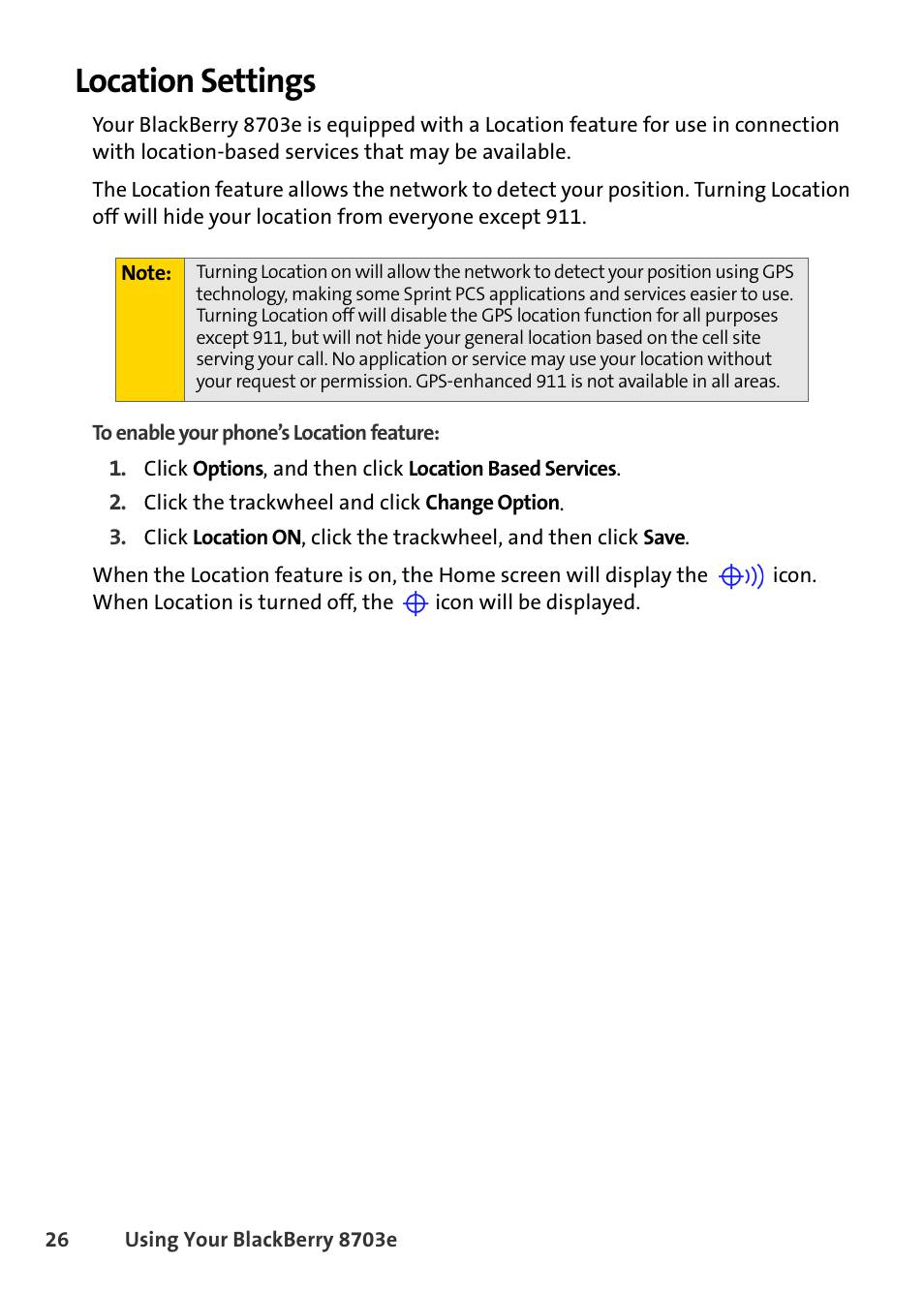 Location settings | Blackberry 8703e User Manual | Page 32 / 56