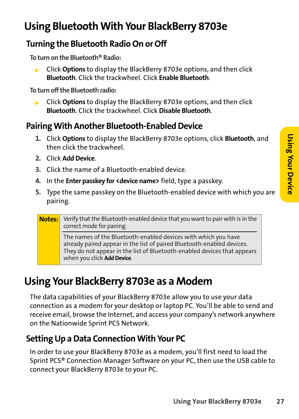 Using bluetooth with your blackberry 8703e, Turning the bluetooth radio on or off, Pairing with another bluetooth-enabled device | Using your blackberry 8703e as a modem, Setting up a data connection with your pc | Blackberry 8703e User Manual | Page 33 / 56