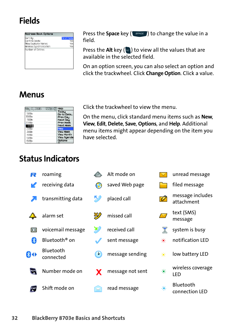 Fields, Menus, Status indicators | Fields menus status indicators | Blackberry 8703e User Manual | Page 38 / 56