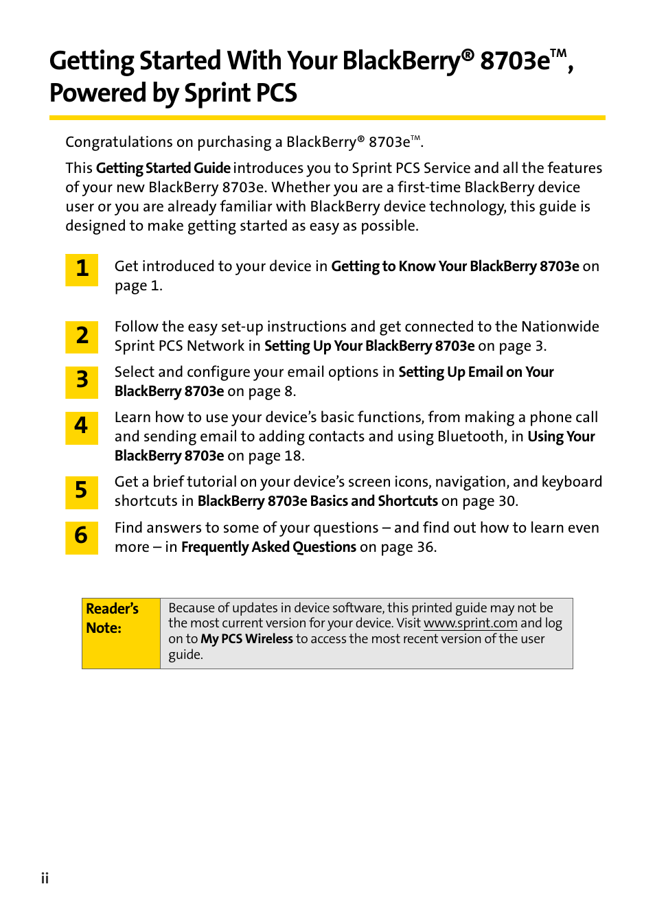 Getting started with your blackberry® 8703e, Powered by sprint pcs | Blackberry 8703e User Manual | Page 6 / 56
