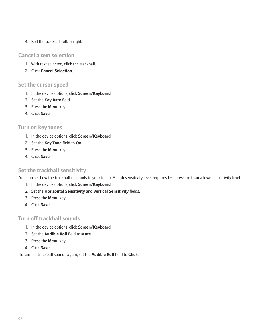 Cancel a text selection, Set the cursor speed, Turn on key tones | Set the trackball sensitivity, Turn off trackball sounds | Blackberry 8330 User Manual | Page 100 / 272