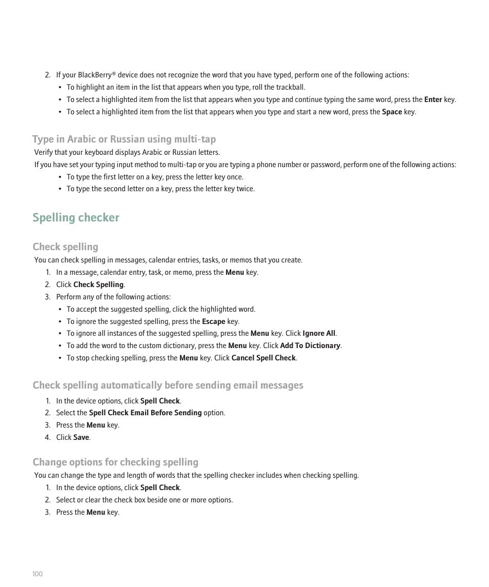 Spelling checker, Type in arabic or russian using multi-tap, Check spelling | Change options for checking spelling | Blackberry 8330 User Manual | Page 102 / 272