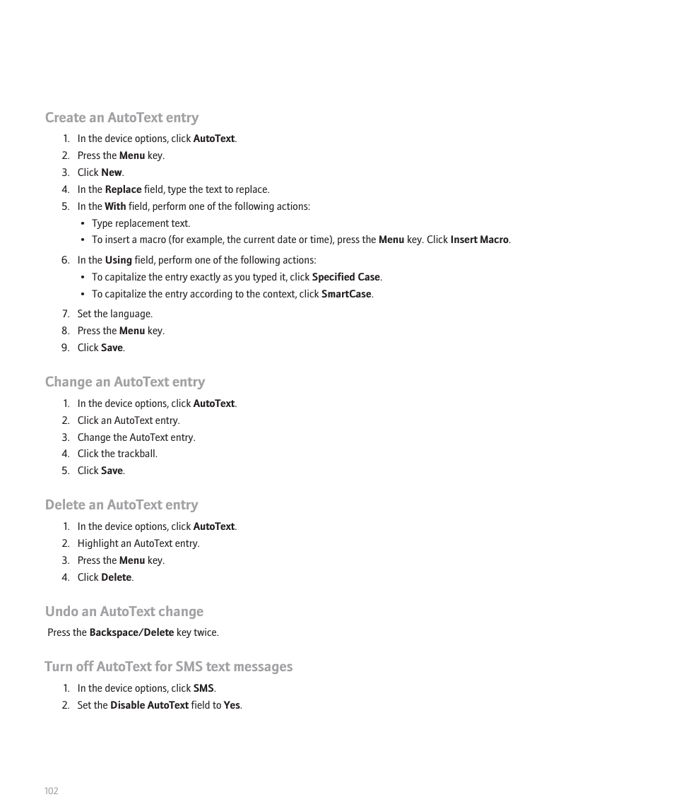 Create an autotext entry, Change an autotext entry, Delete an autotext entry | Undo an autotext change, Turn off autotext for sms text messages | Blackberry 8330 User Manual | Page 104 / 272