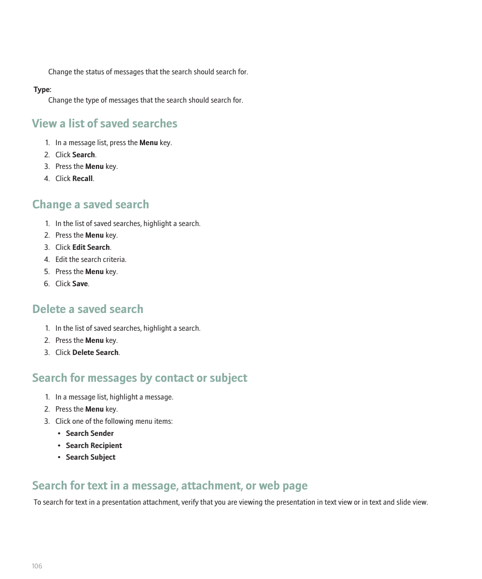 View a list of saved searches, Change a saved search, Delete a saved search | Search for messages by contact or subject | Blackberry 8330 User Manual | Page 108 / 272