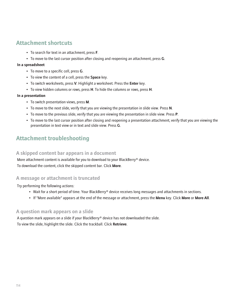 Attachment shortcuts, Attachment troubleshooting, A skipped content bar appears in a document | A message or attachment is truncated, A question mark appears on a slide | Blackberry 8330 User Manual | Page 116 / 272