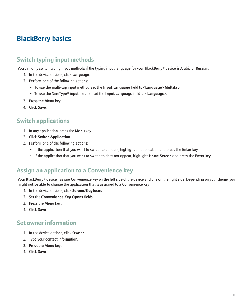 Blackberry basics, Switch typing input methods, Switch applications | Assign an application to a convenience key, Set owner information | Blackberry 8330 User Manual | Page 13 / 272