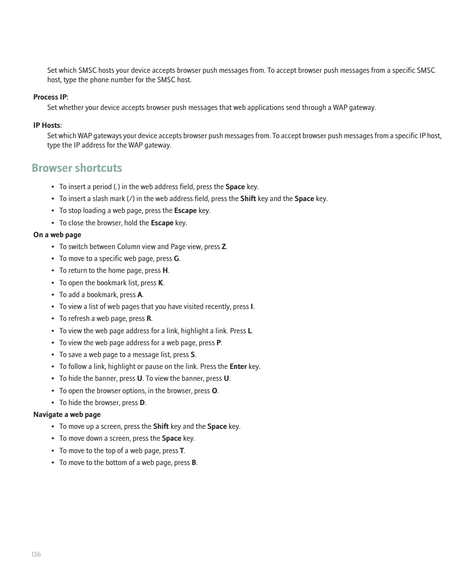 Browser shortcuts | Blackberry 8330 User Manual | Page 138 / 272