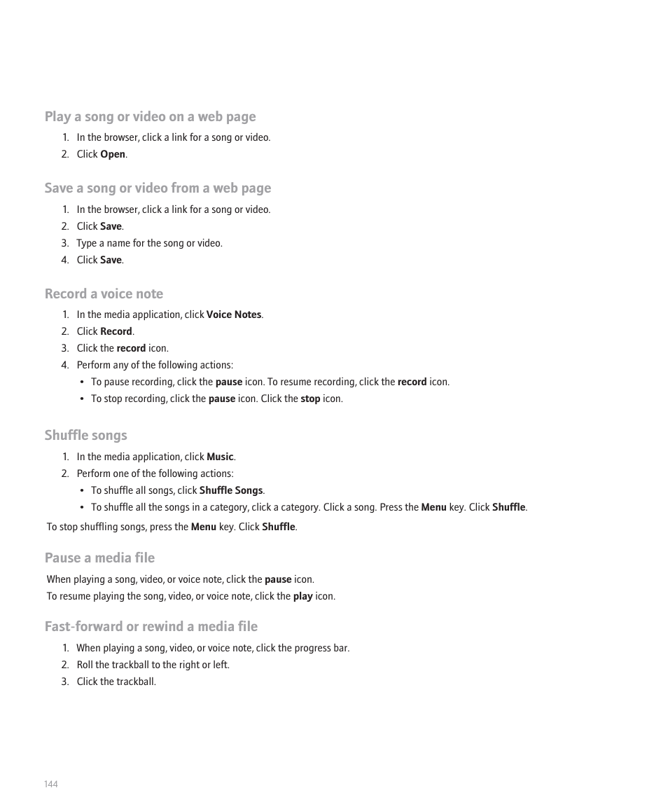 Play a song or video on a web page, Save a song or video from a web page, Shuffle songs | Pause a media file, Fast-forward or rewind a media file | Blackberry 8330 User Manual | Page 146 / 272