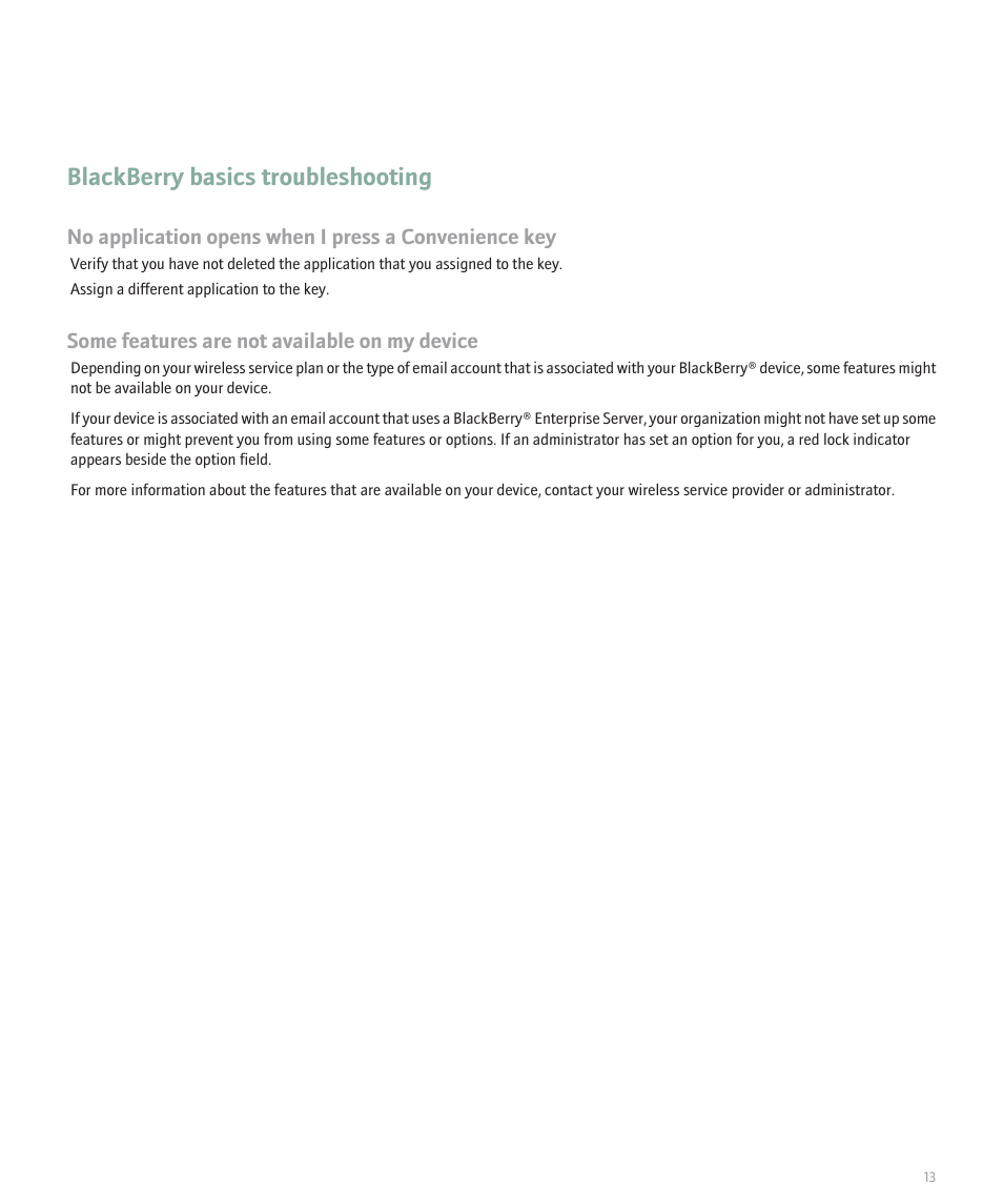 Blackberry basics troubleshooting, Some features are not available on my device | Blackberry 8330 User Manual | Page 15 / 272