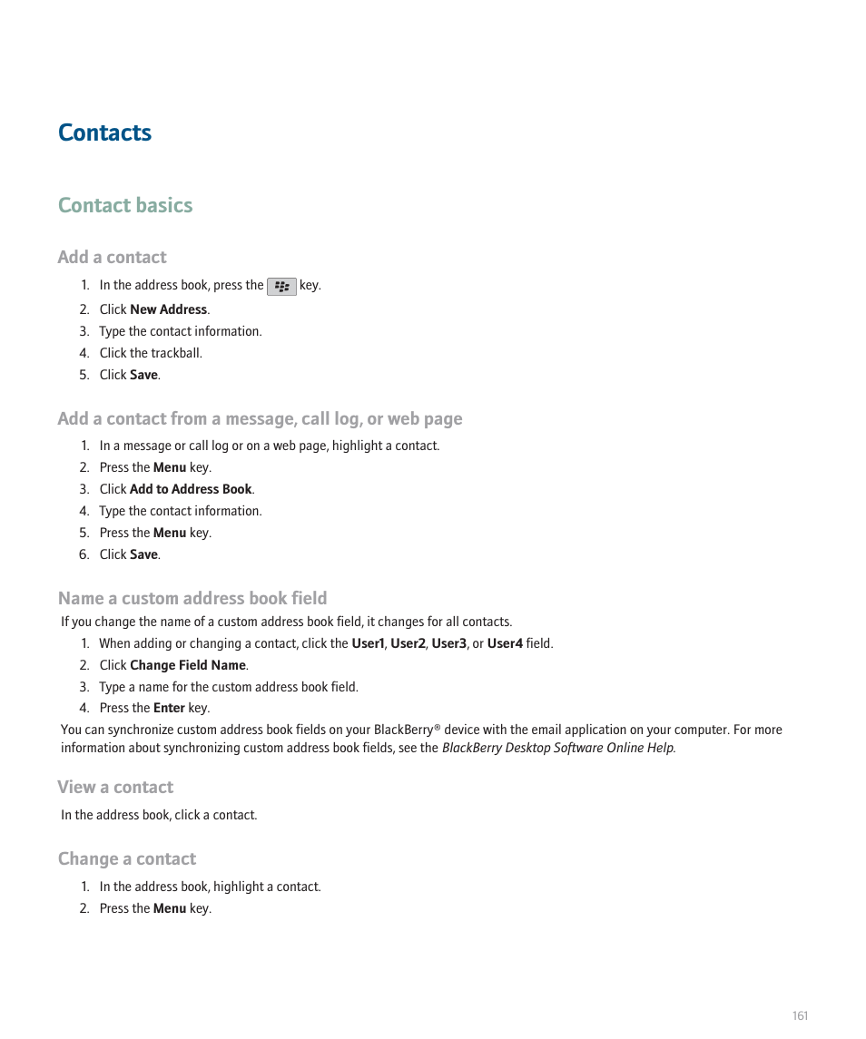 Contacts, Contact basics, Add a contact | Name a custom address book field, View a contact, Change a contact | Blackberry 8330 User Manual | Page 163 / 272