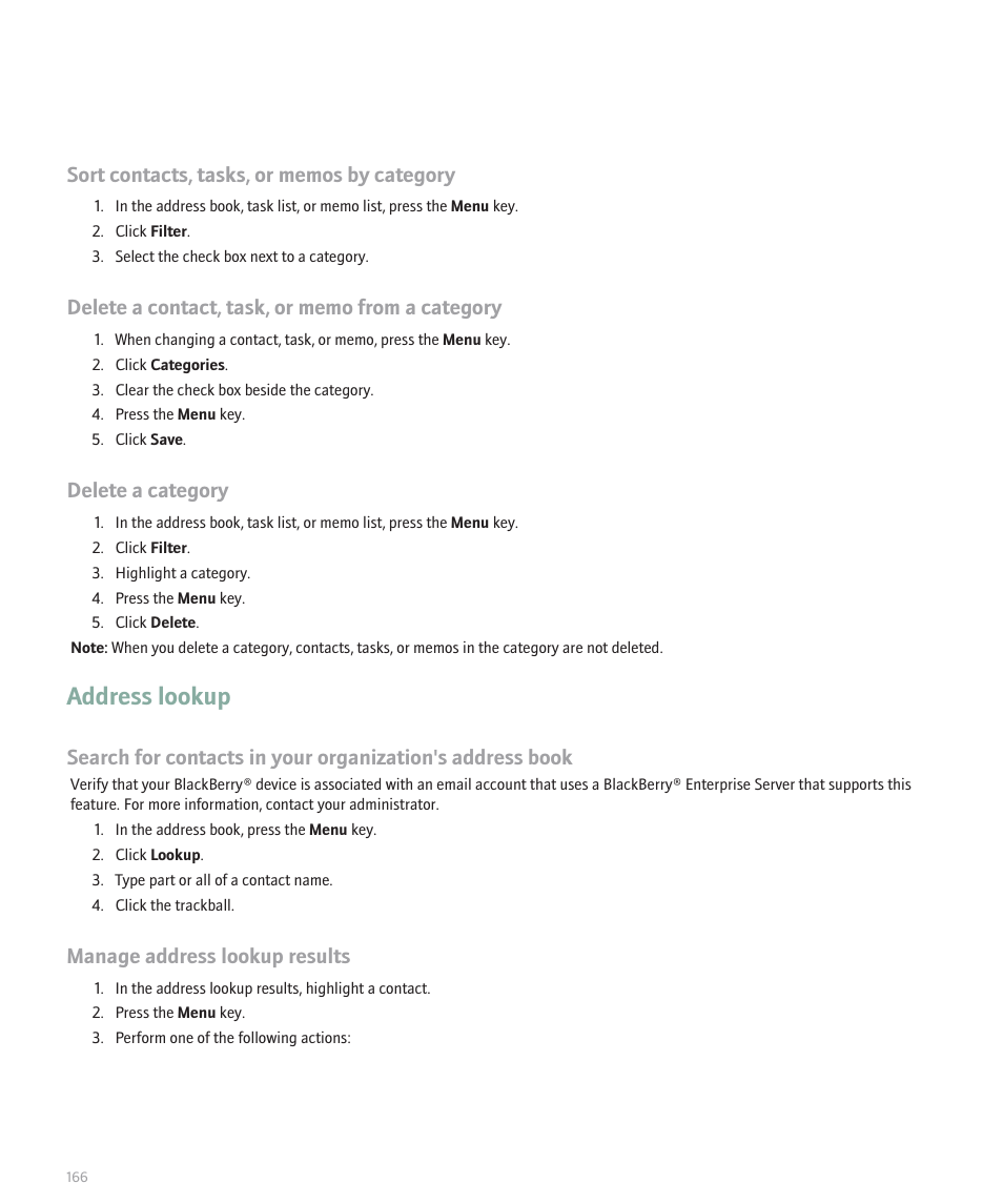 Address lookup, Delete a category, Manage address lookup results | Blackberry 8330 User Manual | Page 168 / 272