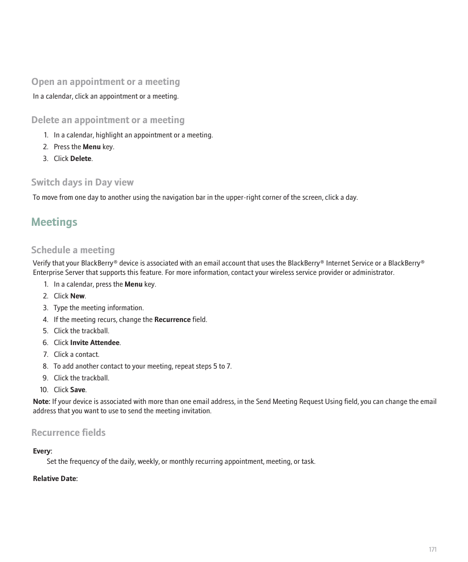 Meetings, Open an appointment or a meeting, Delete an appointment or a meeting | Switch days in day view, Schedule a meeting, Recurrence fields | Blackberry 8330 User Manual | Page 173 / 272