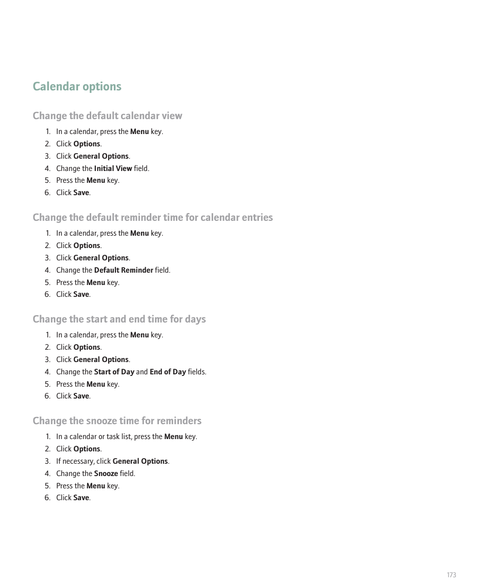 Calendar options, Change the default calendar view, Change the start and end time for days | Change the snooze time for reminders | Blackberry 8330 User Manual | Page 175 / 272