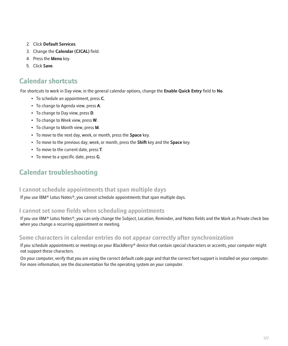 Calendar shortcuts, Calendar troubleshooting | Blackberry 8330 User Manual | Page 179 / 272