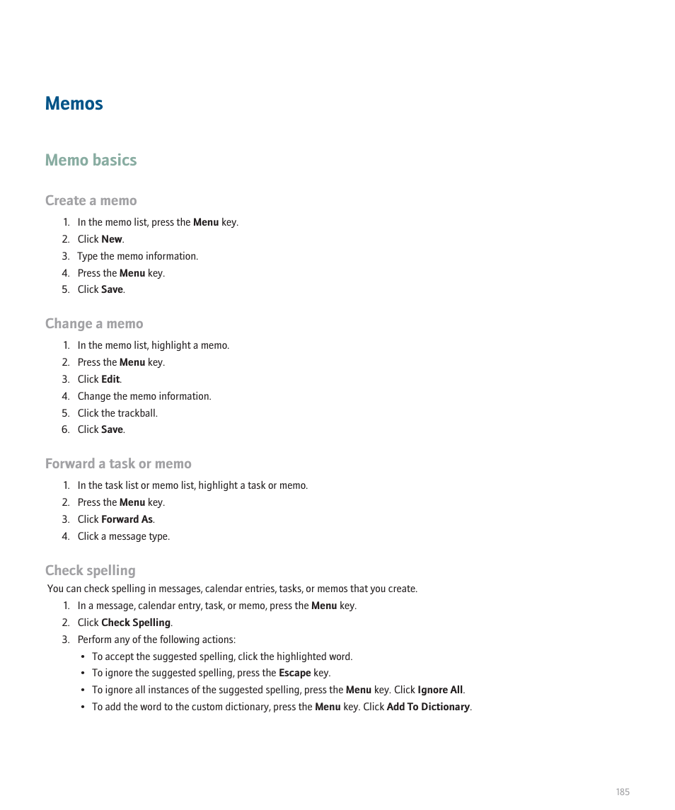 Memos, Memo basics, Check spelling | Blackberry 8330 User Manual | Page 187 / 272