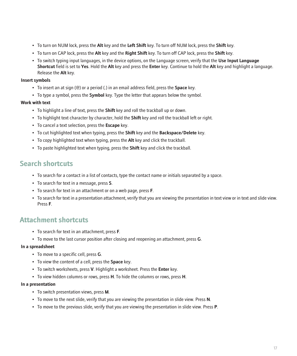 Search shortcuts, Attachment shortcuts | Blackberry 8330 User Manual | Page 19 / 272