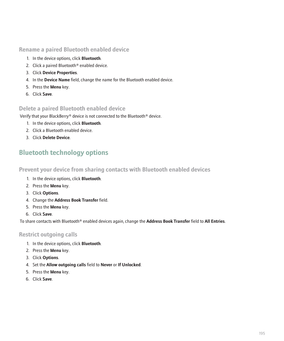 Bluetooth technology options, Rename a paired bluetooth enabled device, Delete a paired bluetooth enabled device | Restrict outgoing calls | Blackberry 8330 User Manual | Page 197 / 272