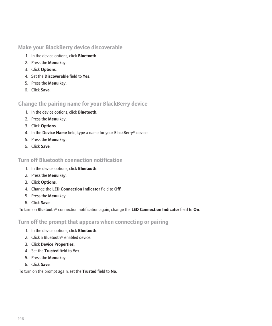 Make your blackberry device discoverable, Change the pairing name for your blackberry device, Turn off bluetooth connection notification | Blackberry 8330 User Manual | Page 198 / 272