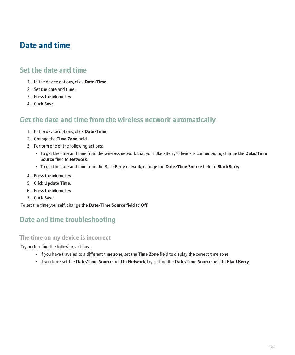 Date and time, Set the date and time, Date and time troubleshooting | The time on my device is incorrect | Blackberry 8330 User Manual | Page 201 / 272