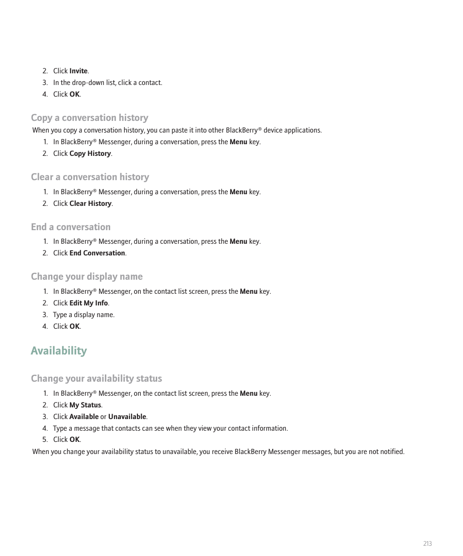 Availability, Copy a conversation history, Clear a conversation history | End a conversation, Change your display name, Change your availability status | Blackberry 8330 User Manual | Page 215 / 272