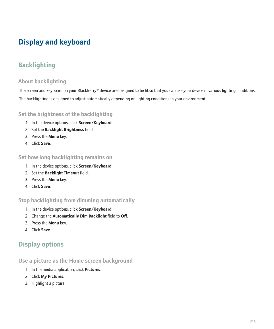 Display and keyboard, Backlighting, Display options | Blackberry 8330 User Manual | Page 217 / 272