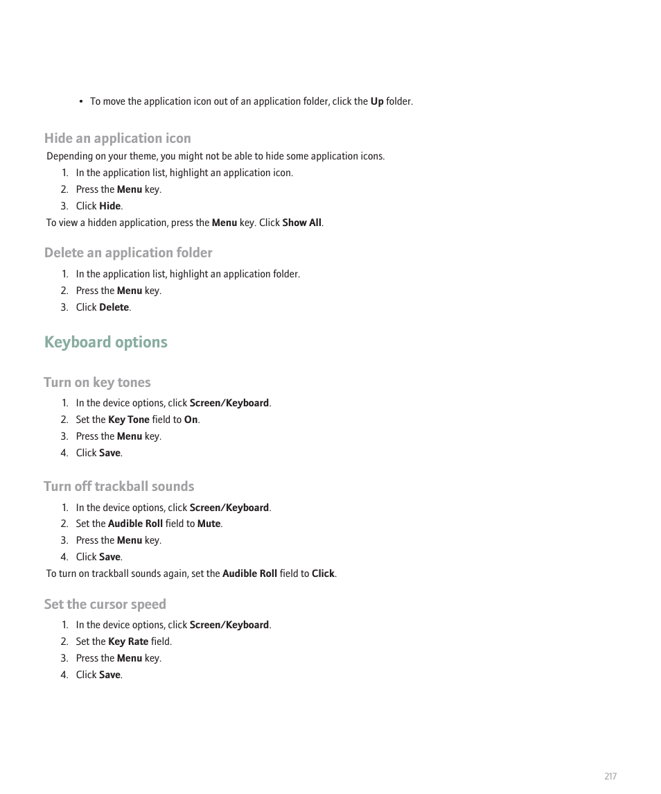 Keyboard options, Hide an application icon, Delete an application folder | Turn on key tones, Turn off trackball sounds, Set the cursor speed | Blackberry 8330 User Manual | Page 219 / 272