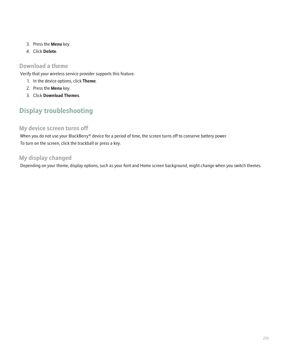 Display troubleshooting, Download a theme, My device screen turns off | My display changed | Blackberry 8330 User Manual | Page 221 / 272