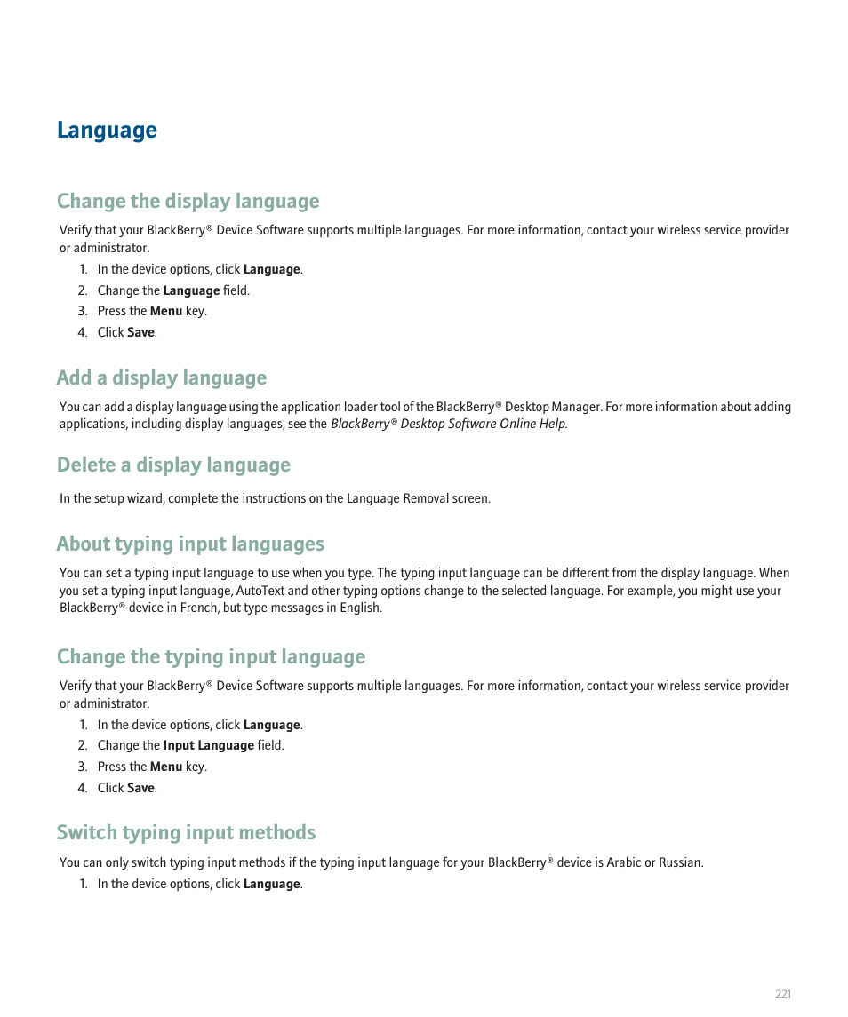 Language, Change the display language, Add a display language | Delete a display language, About typing input languages, Change the typing input language, Switch typing input methods | Blackberry 8330 User Manual | Page 223 / 272