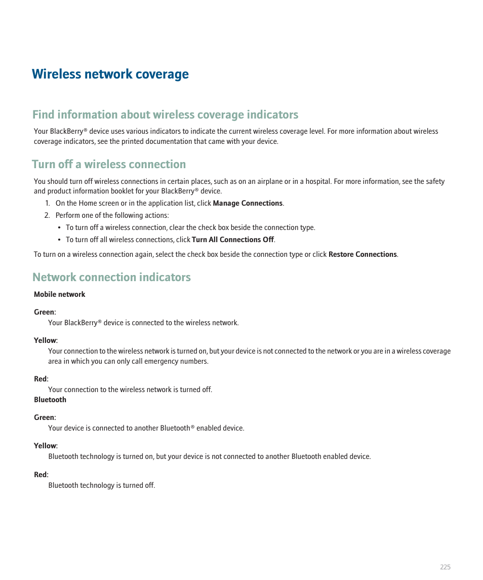 Wireless network coverage, Turn off a wireless connection, Network connection indicators | Blackberry 8330 User Manual | Page 227 / 272