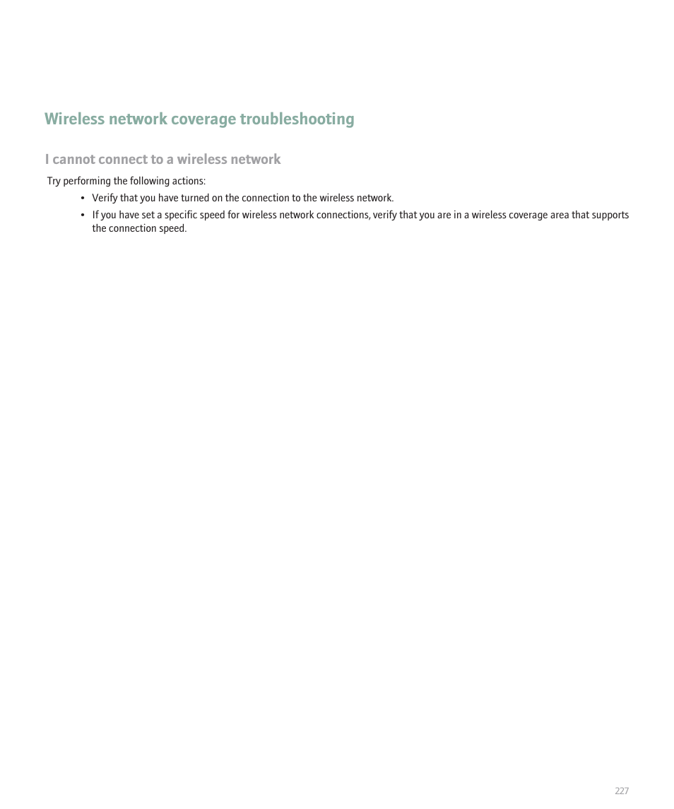 Wireless network coverage troubleshooting, I cannot connect to a wireless network | Blackberry 8330 User Manual | Page 229 / 272