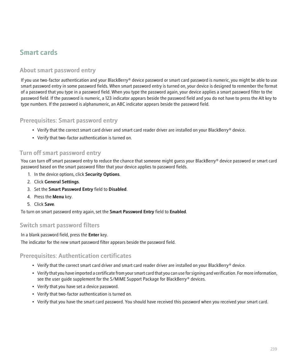 Smart cards, About smart password entry, Prerequisites: smart password entry | Turn off smart password entry, Switch smart password filters, Prerequisites: authentication certificates | Blackberry 8330 User Manual | Page 241 / 272