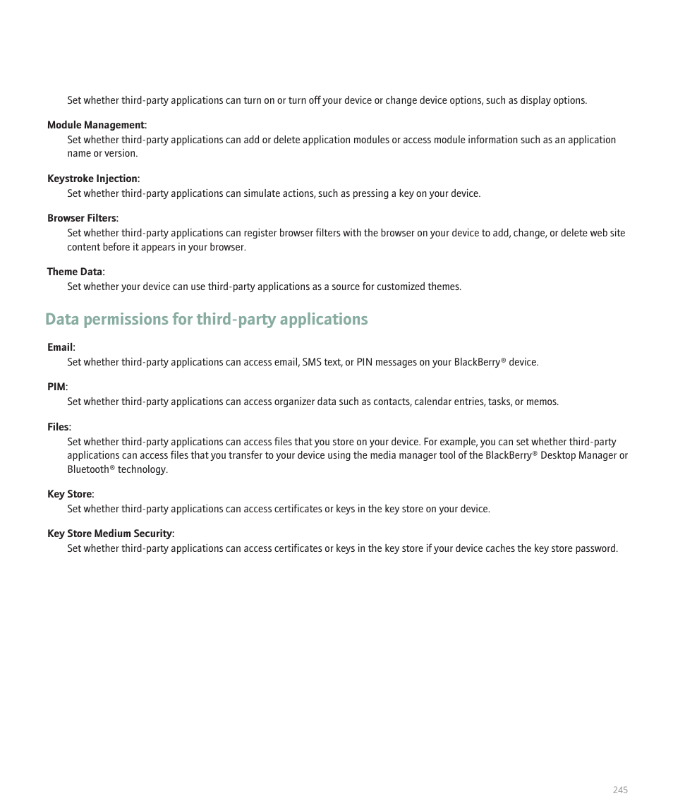 Data permissions for third-party applications | Blackberry 8330 User Manual | Page 247 / 272