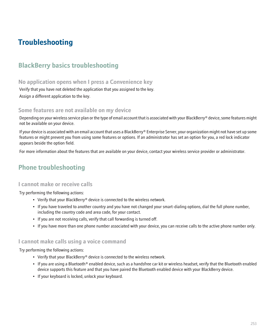Troubleshooting, Blackberry basics troubleshooting, Phone troubleshooting | Blackberry 8330 User Manual | Page 255 / 272