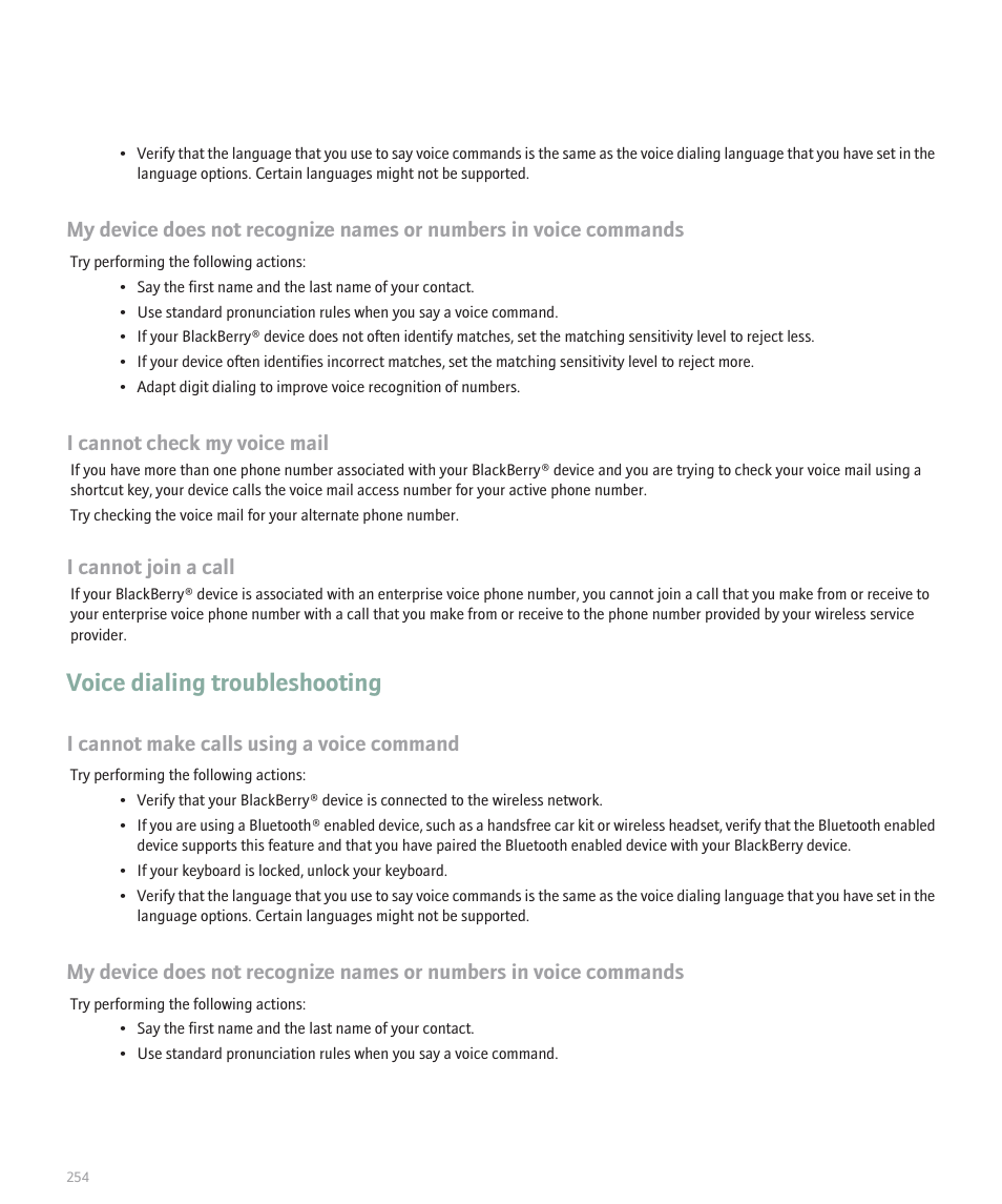 Voice dialing troubleshooting, I cannot check my voice mail, I cannot join a call | I cannot make calls using a voice command | Blackberry 8330 User Manual | Page 256 / 272