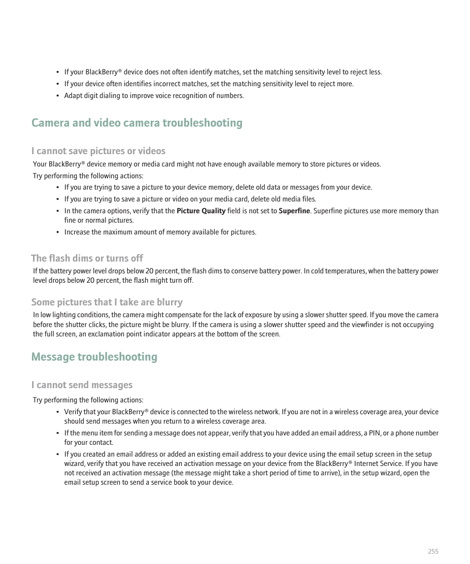Camera and video camera troubleshooting, Message troubleshooting, I cannot save pictures or videos | The flash dims or turns off, Some pictures that i take are blurry, I cannot send messages | Blackberry 8330 User Manual | Page 257 / 272
