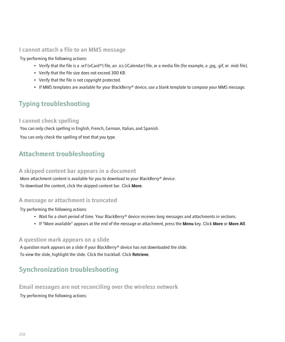 Typing troubleshooting, Attachment troubleshooting, Synchronization troubleshooting | Blackberry 8330 User Manual | Page 260 / 272