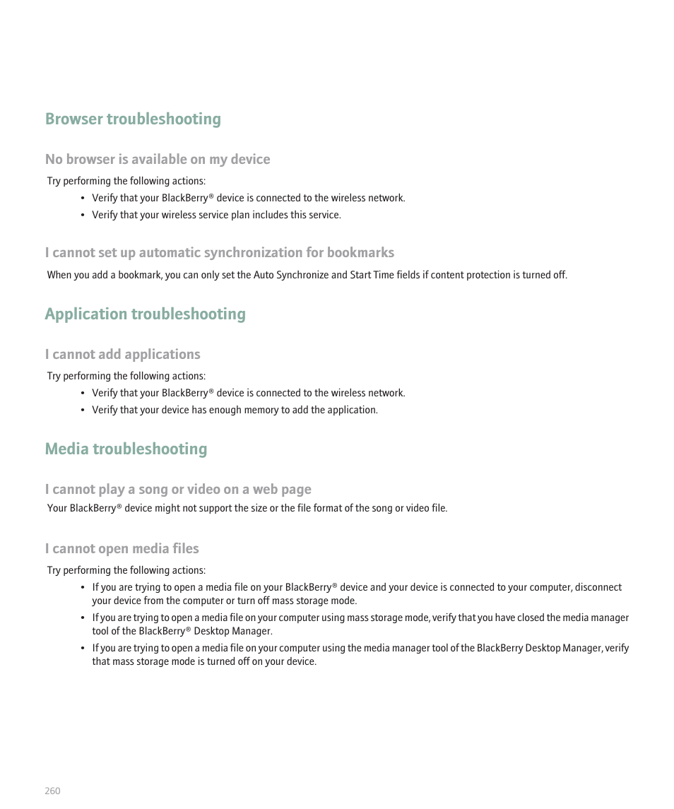 Browser troubleshooting, Application troubleshooting, Media troubleshooting | No browser is available on my device, I cannot add applications, I cannot play a song or video on a web page, I cannot open media files | Blackberry 8330 User Manual | Page 262 / 272