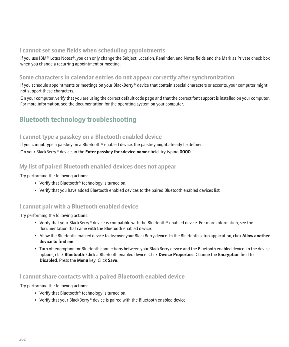 Bluetooth technology troubleshooting, I cannot pair with a bluetooth enabled device | Blackberry 8330 User Manual | Page 264 / 272