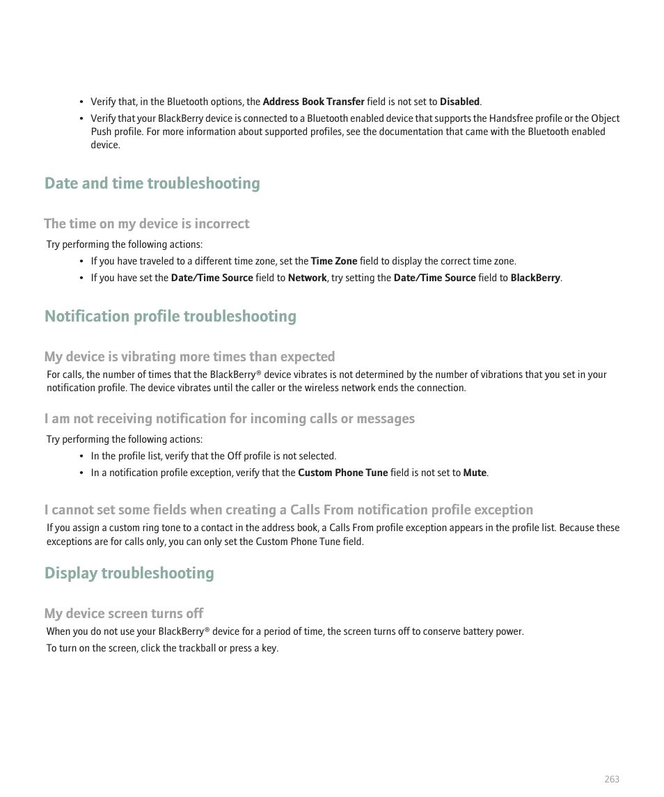 Date and time troubleshooting, Notification profile troubleshooting, Display troubleshooting | Blackberry 8330 User Manual | Page 265 / 272