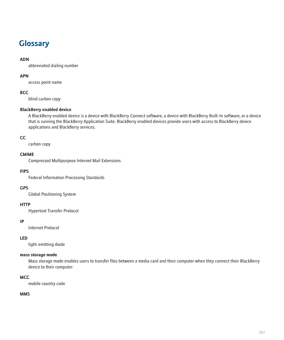 Glossary | Blackberry 8330 User Manual | Page 269 / 272