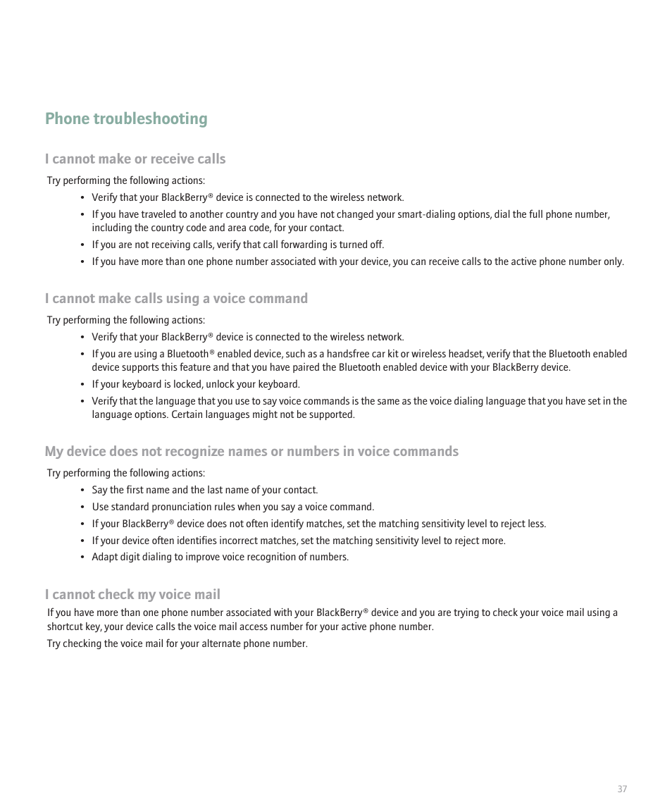 Phone troubleshooting, I cannot make or receive calls, I cannot make calls using a voice command | I cannot check my voice mail | Blackberry 8330 User Manual | Page 39 / 272