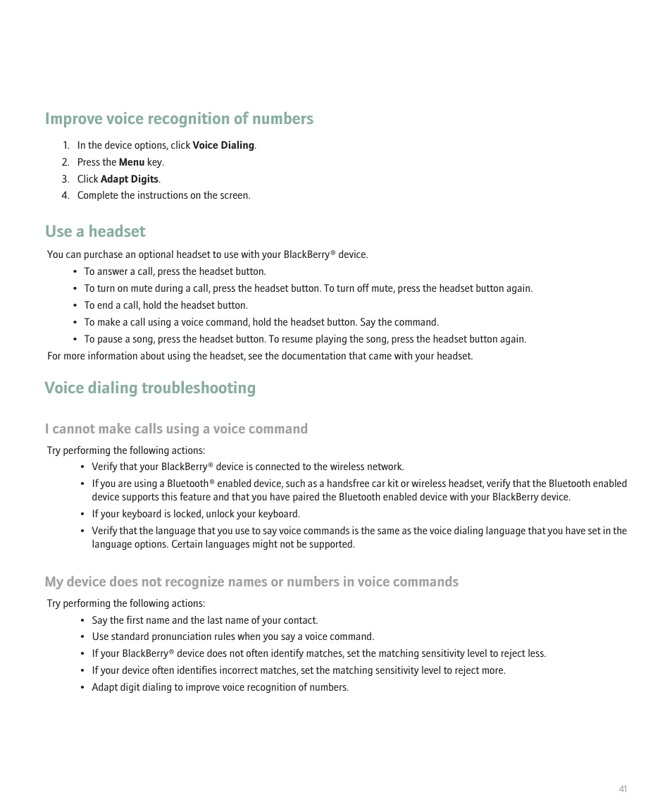 Improve voice recognition of numbers, Use a headset, Voice dialing troubleshooting | I cannot make calls using a voice command | Blackberry 8330 User Manual | Page 43 / 272